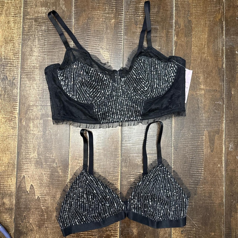 Wild Fable 2 Piece Set Black & Silver Sequin Bralette and Sequin Corset